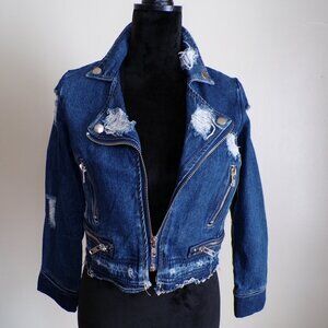 Women’s Distressed Cropped Denim Moto Jacket – Zip Front – Blue – Size [S]